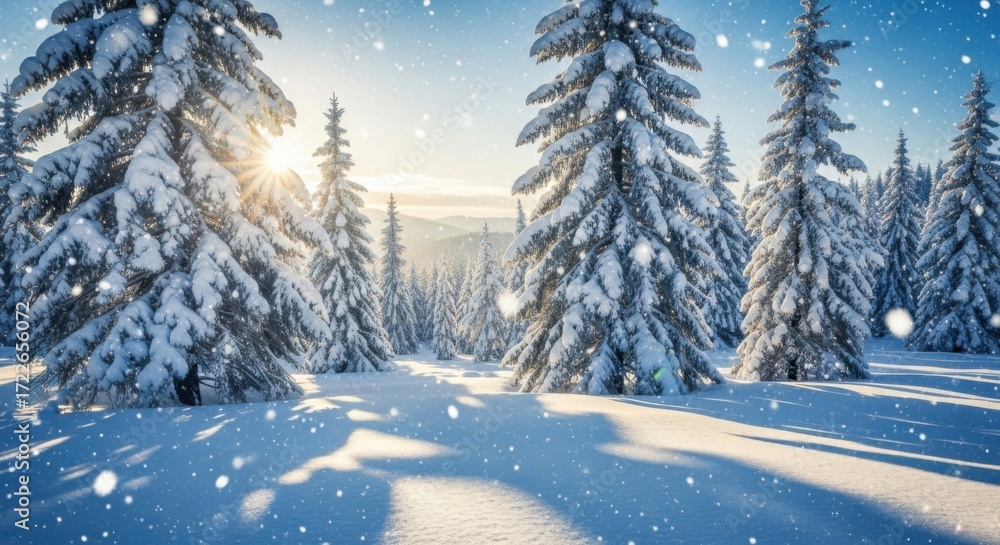 Fototapeta premium Winter Snowfall Landscape Sunlit Forest Trees