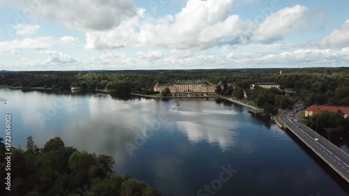 Drottningholm Palace aerial drone view, Stockholm Sweden, UNESCO World Heritage site with lake reflection, baroque architecture and scenic summer landscape