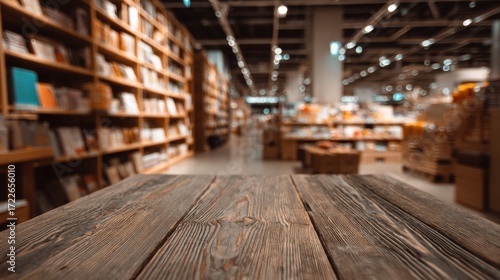 Wallpaper Mural A wooden table in focus with blurred bookshelves and displays in a spacious, well-lit bookstore interior Torontodigital.ca