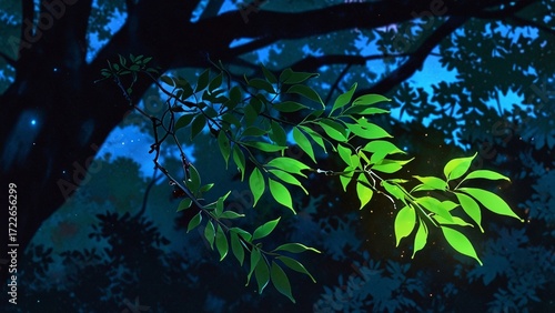 Silhouetted Tree Branch with Leaves Against Night Sky Glow.