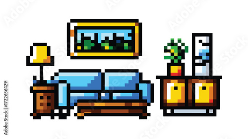iving Room 8-Bit Pixel Art Background. Warm Cozy Retro Home Interior