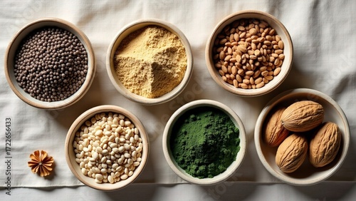 Collection Of Healthy Organic Grains Legumes And Nuts In Ceramic Bowls.