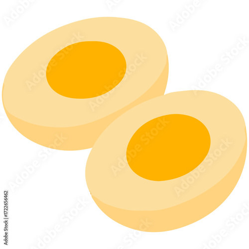 Two boiled eggs with yellow yolks, breakfast food illustration ideal for healthy or protein themes.

