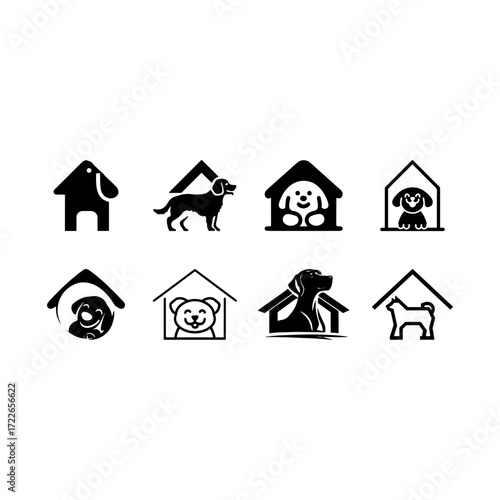 Eight monochrome dog-house themed icons featuring various dog breeds and styles; simple, minimalist designs suitable for pet-related businesses