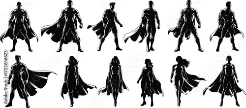 Superhero silhouettes, dynamic poses, cape figures, heroic stances, male and female icons, action graphics, comic style, power symbols, strength visuals, costume shapes