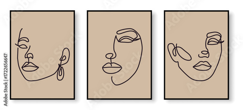 Abstract Portrait One Line Drawing Prints Set. Trendy Continuous Line Art Abstract Face Wall Art Collection. Minimalist Style Hand Drawn Vector Illustration for Home Décor, Prints, Posters, Tote Bag
