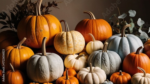 Colorful Assorted Pumpkins in Warm Autumn Light with Natural Foliage.