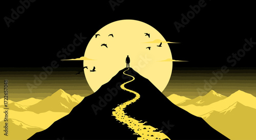A striking vector silhouette depicts a lone adventurer atop a majestic mountain, illuminated by a grand celestial body, symbolizing a challenging journey and ultimate triumph