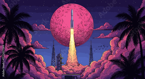 Retro Pixel Art Rocket Launch Illuminates the Night Sky with a Giant Pink Moon and Palm Tree Silhouettes, Evoking a Synthwave Sci-Fi Adventure