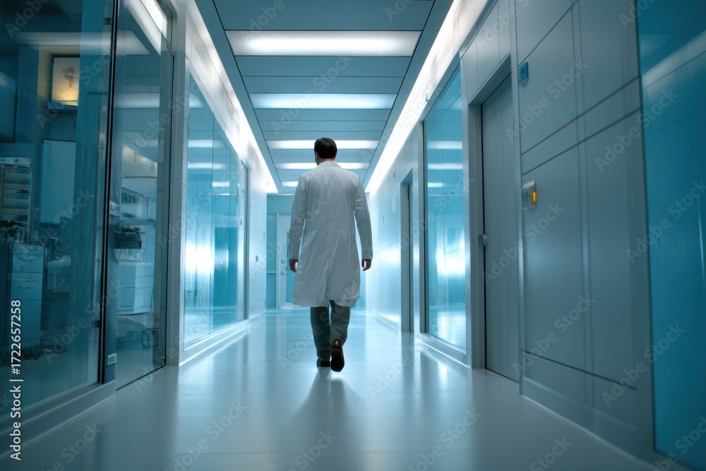 Fototapeta premium A scientist in a lab coat walks down a bright, modern corridor in a high-tech research facility