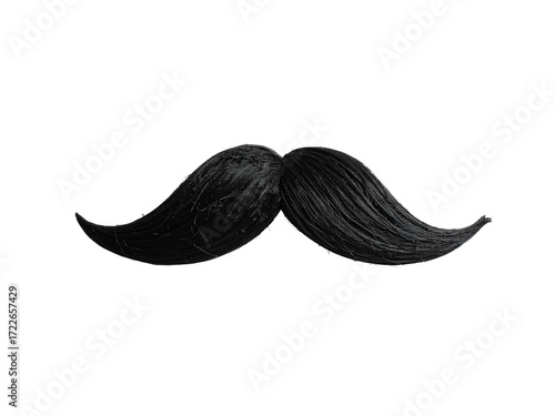Classic black curled mustache prop isolated on white background, ideal for disguise, parties, barbershop themes, or movember awareness campaigns.