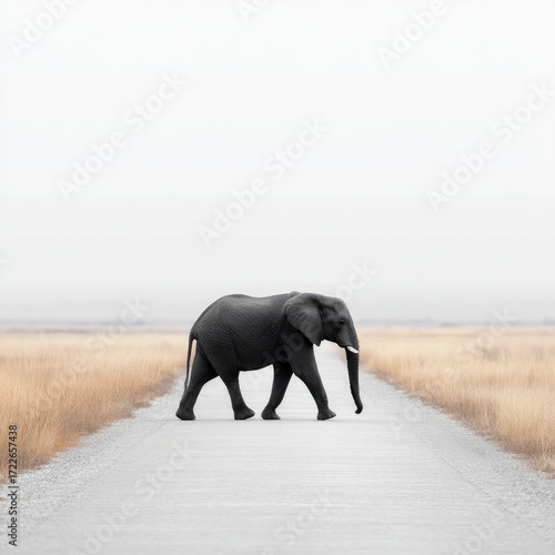 Elephant Walking on Rural Road in Grassy Plains Under Cloudy Sky a Monochromatic Serene Scene