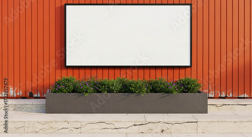 Fototapeta Naklejka Na Ścianę i Meble -  Blank White Billboard Above Green Bushes On Textured Orange Wall Advertising Space Mockup