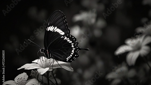 Dark Butterfly with Glowing White Veins on Black Floral Background.