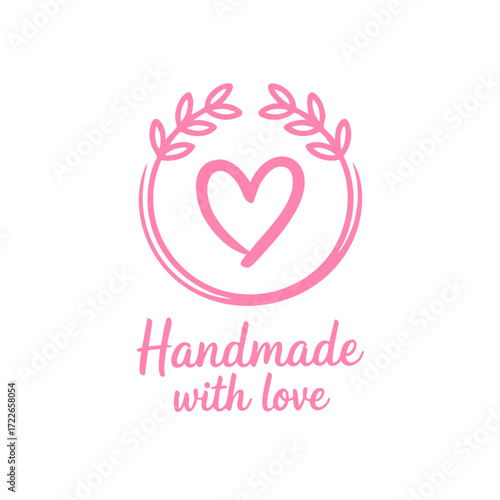 Handmade crafts logo design with heart and wreath for artisan shop or creative business branding vector