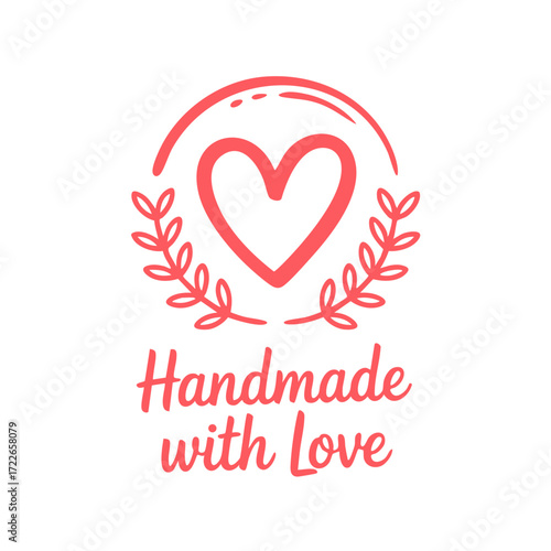 Handmade with love logo design heart and leaves vector illustration for craft business and product label