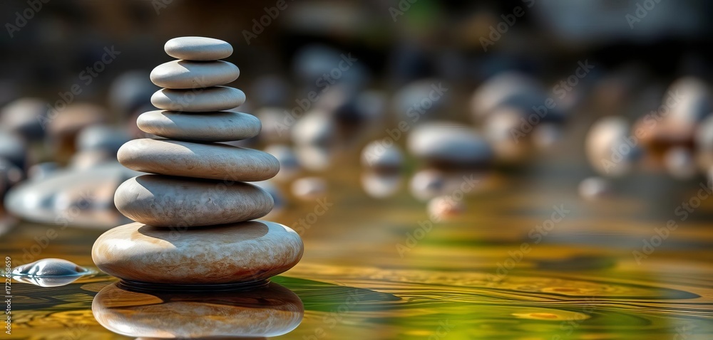 Obraz premium A carefully balanced stack of smooth grey river stones, stability, strength