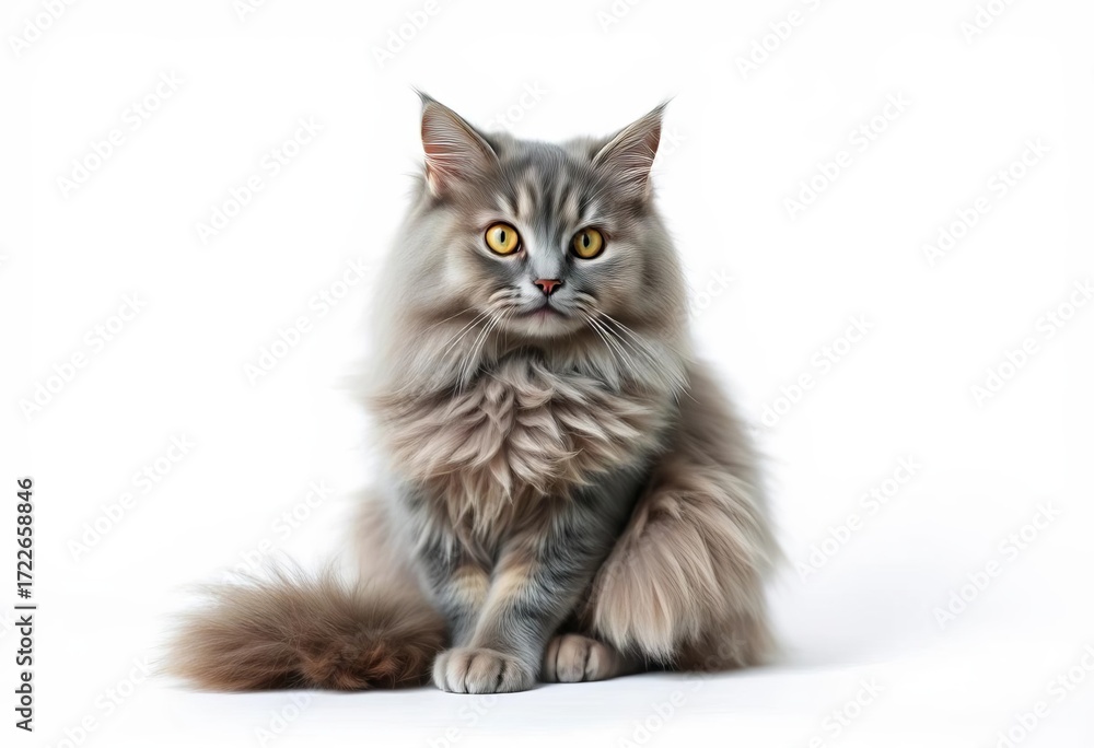 Obraz premium A fluffy gray cat sits alone against a white background, domestic cat, calm