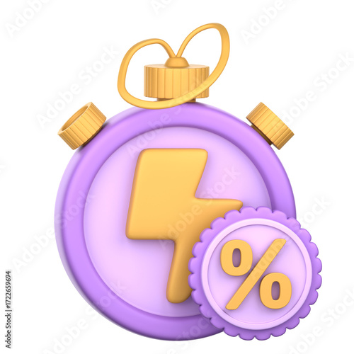 A stylized, 3D stopwatch graphic, featuring a lightning bolt and a percentage symbol, displays a dynamic visual concept.
