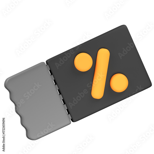 A 3d rendered discount voucher with a percentage symbol, displayed against a black backdrop.