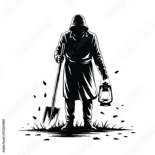 Mysterious figure in cloak with shovel and lantern isolated on white background