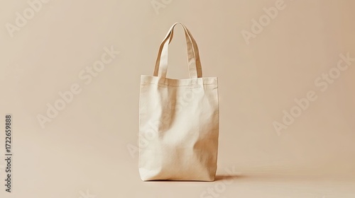 A light beige, simple tote bag stands upright against a matching, subtly lighter background.  The bag is made of a slightly textured, possibly canvas, material, with visible creases.  