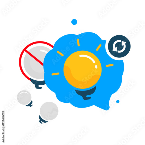 illustration of cognitive flexibility, adaptability concept. light bulb, circular arrow for new thinking, innovation, creativity, open mindedness, problem solving. outdated ideas replaced with new