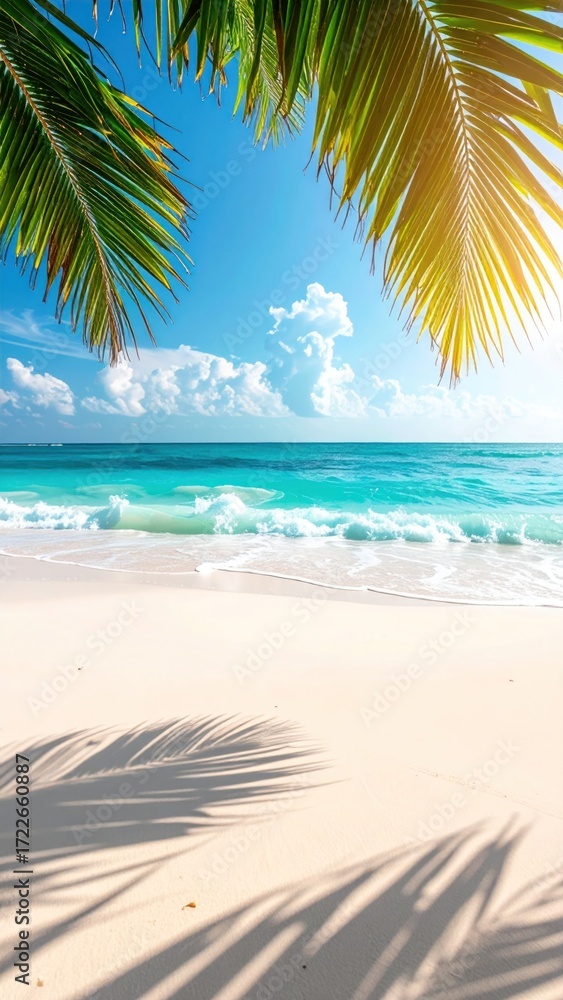 Obraz premium Tropical beach scene Turquoise water, white sand, and palm fronds framing sunny skies, creating a serene coastal paradise