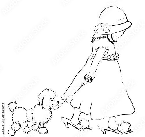 Charming little girl in a dress and hat joyfully walks her fluffy poodle with a leash, capturing innocent childhood moments and pet companionship.