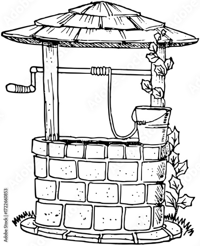 Charming hand drawn well with bucket and crank, rustic village scene, perfect for storytelling and country charm