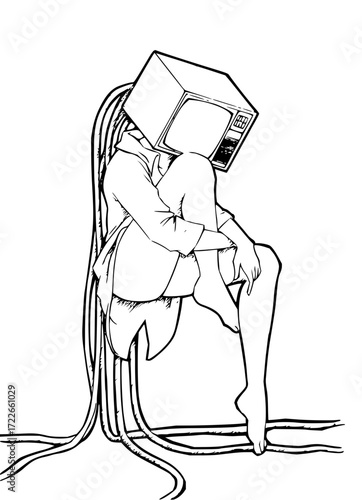 Isolated figure with vintage television head contemplates isolation and digital connection surrounded by cables symbolizing technology's embrace.