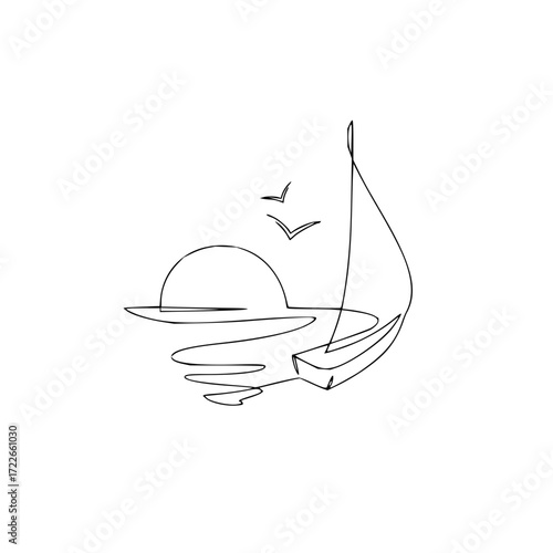 Serene sailboat glides across calm ocean at sunset with birds soaring overhead, evoking tranquility and freedom