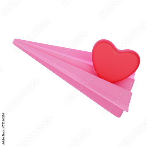A vibrant pink paper airplane carries a bright red heart, a charming and simple design.