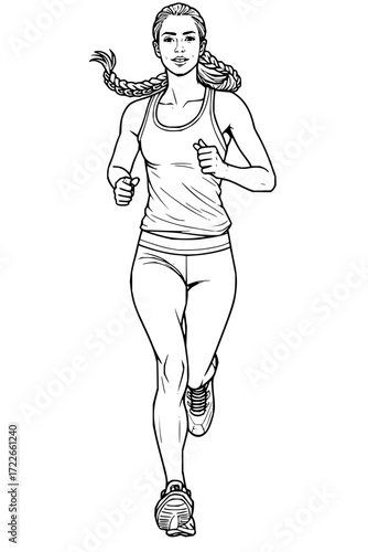 Dynamic woman with braided hair in athletic wear running with energy and focus, inspiring fitness and healthy lifestyle goals