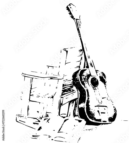 Rustic acoustic guitar rests against vintage wooden chair evoking nostalgia and timeless melodies
