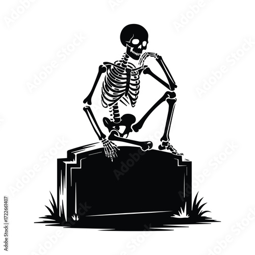 Pensive Skeleton Sitting on Tombstone Vector Graphic in Black and White
