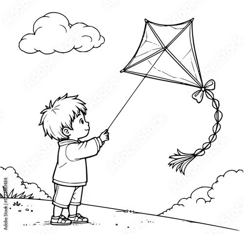 Joyful child gleefully flying a kite on a sunny day, capturing childhood innocence and outdoor adventure