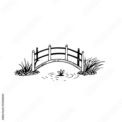 Charming sketch of a tranquil garden bridge arching over a serene pond with delicate water lily