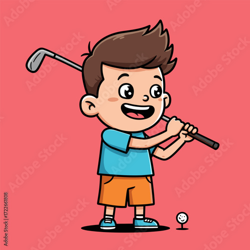 A smiling child with spiky brown hair holding a golf club, ready to swing at a ball on a tee—capturing a playful and energetic sports moment.