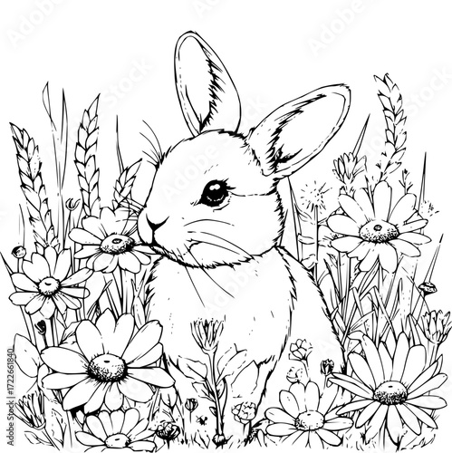 Adorable fluffy bunny peeking through vibrant daisies and tall grass, evoking a charming spring or Easter scene for delightful projects.