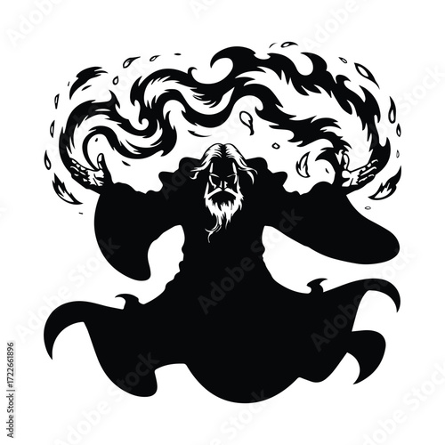 Powerful wizard casting a spell with flowing dark magic in monochrome detailed illustration