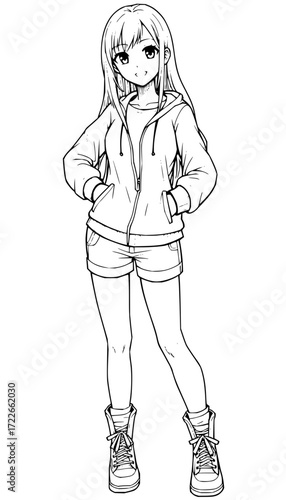 Charming anime girl in casual hoodie and shorts, hands in pockets, radiating youthful energy and playful style, perfect for lifestyle and fashion projects.