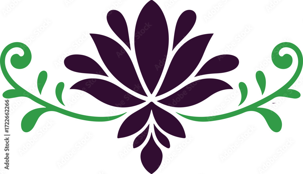 Obraz premium decorative floral ornament with symmetrical petals and green swirl leaves, elegant flat vector design element isolated