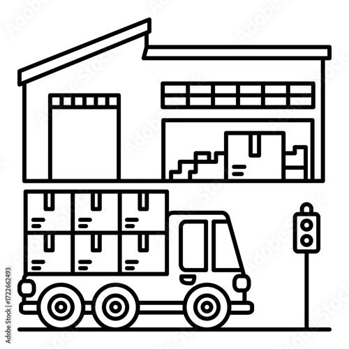 Automated Logistics and Shipping with Smart Truck and Warehouse Facility Line Vector. Symbolizing efficient freight and distribution. Great for depicting a seamless supply chain, and cargo business.