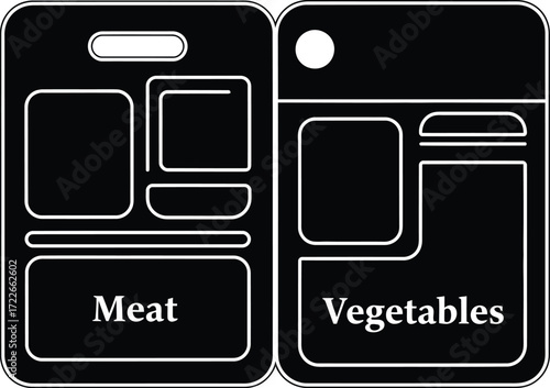Black food container with meat and vegetables label, organization concept