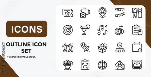Outline Icon Set Featuring Entertainment Celebration and Event Related Symbols