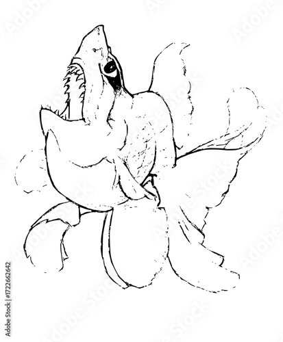 Ferocious shark with gaping jaws and sharp teeth, depicted in a dynamic, artistic sketch with flowing fins