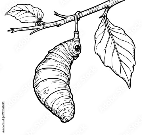 Captivating metamorphosis illustration a caterpillar transforms into a chrysalis hanging from a branch with leaves signaling change and nature's cycle
