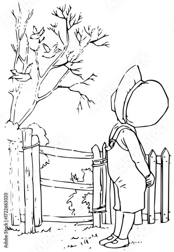 Charming child watches birds on a fence, evoking nostalgia and innocent wonder for classic storybook scenes and outdoor adventures