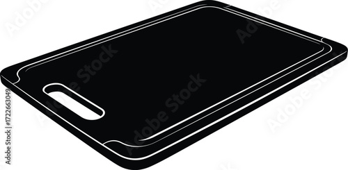 Black cutting board with handle, kitchen tool for food preparation